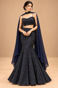 Premium Midnight Navy Blue Sequin Embellished Mermaid Lehenga with Sheer Cape for Women – product image 1