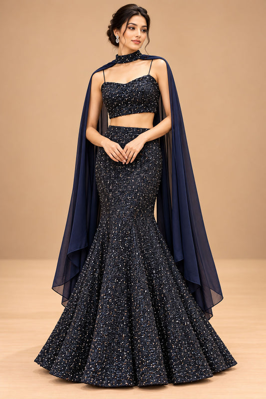 Premium Midnight Navy Blue Sequin Embellished Mermaid Lehenga with Sheer Cape for Women – product image 1