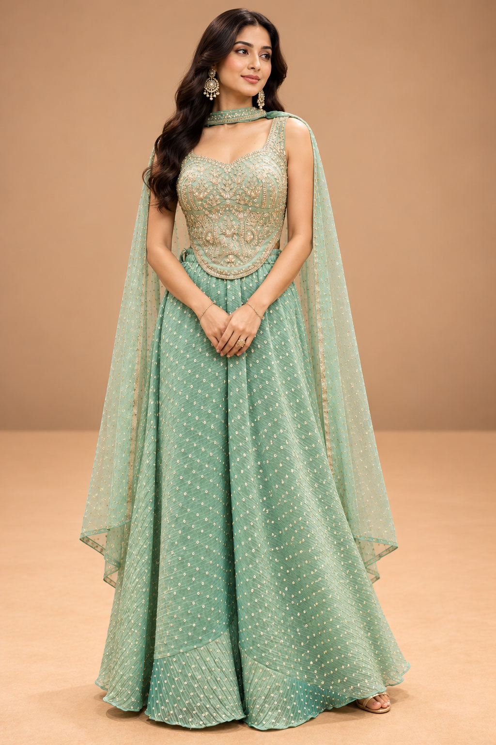 Elegant Mint Green Designer Lehenga Set with Golden Embroidered Blouse & Dupatta