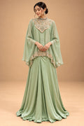 Elegant Pista Green Designer Palazzo Set with Embroidered Cape-Style Top