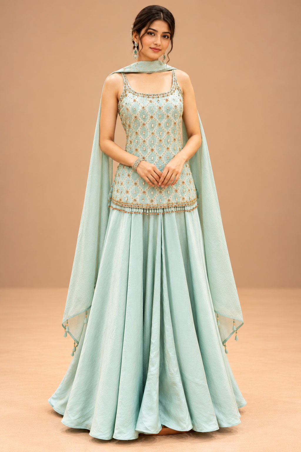 Elegant Mint Green Embroidered Lehenga Set with Matching Dupatta