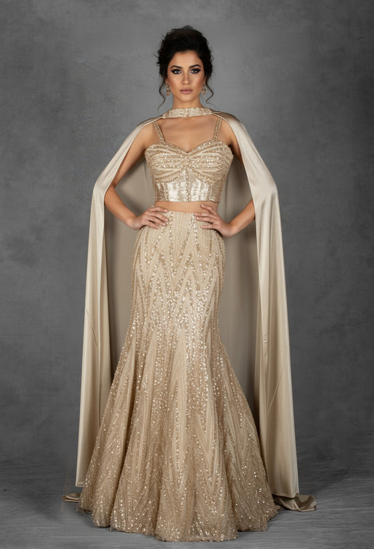 Champagne Gold Sequin Embellished  Fish Cut Lehenga Set with Cape Dupatta