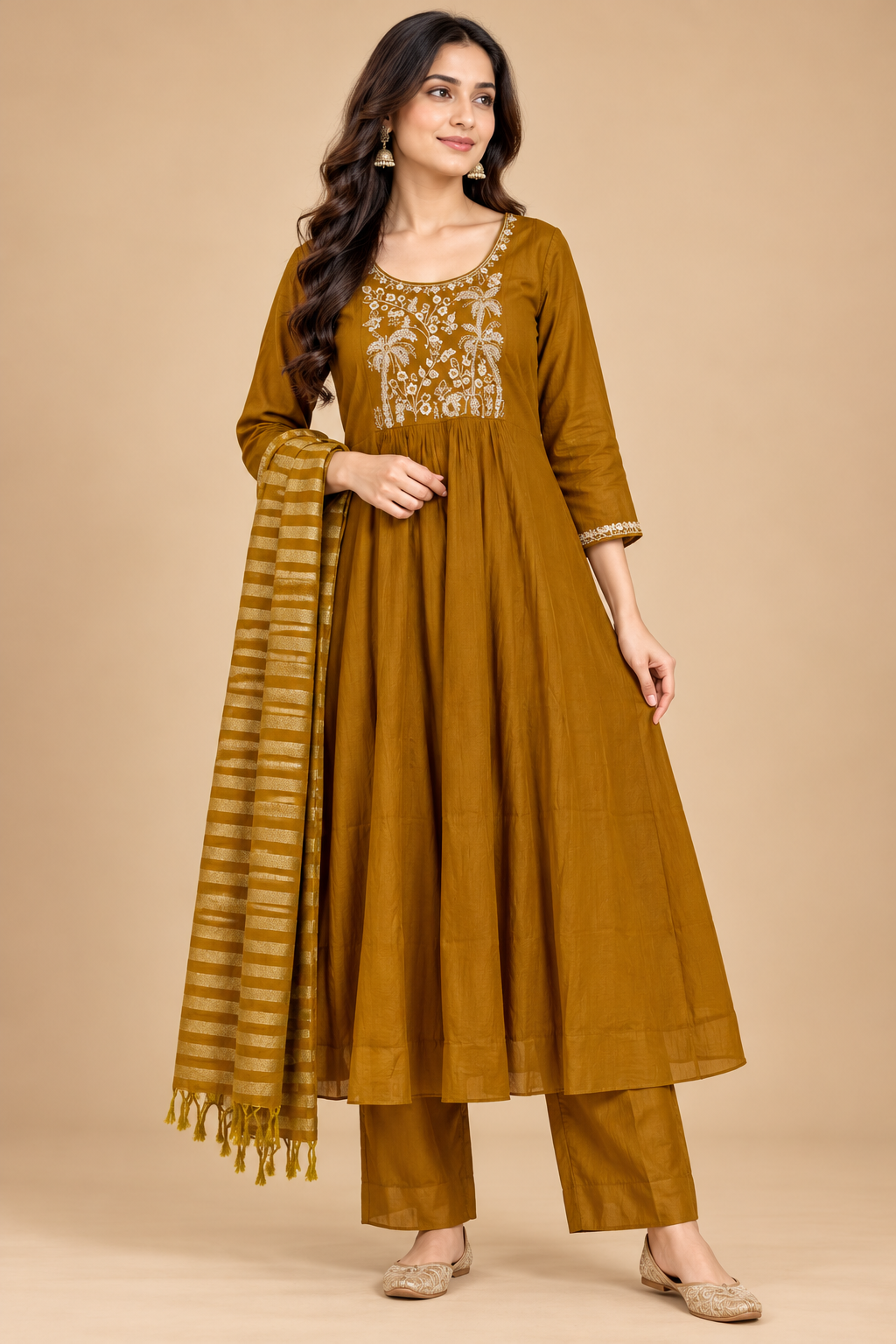 Mustard Yellow Embroidered Anarkali Kurta Set with Striped Dupatta and Straight Pants for Women