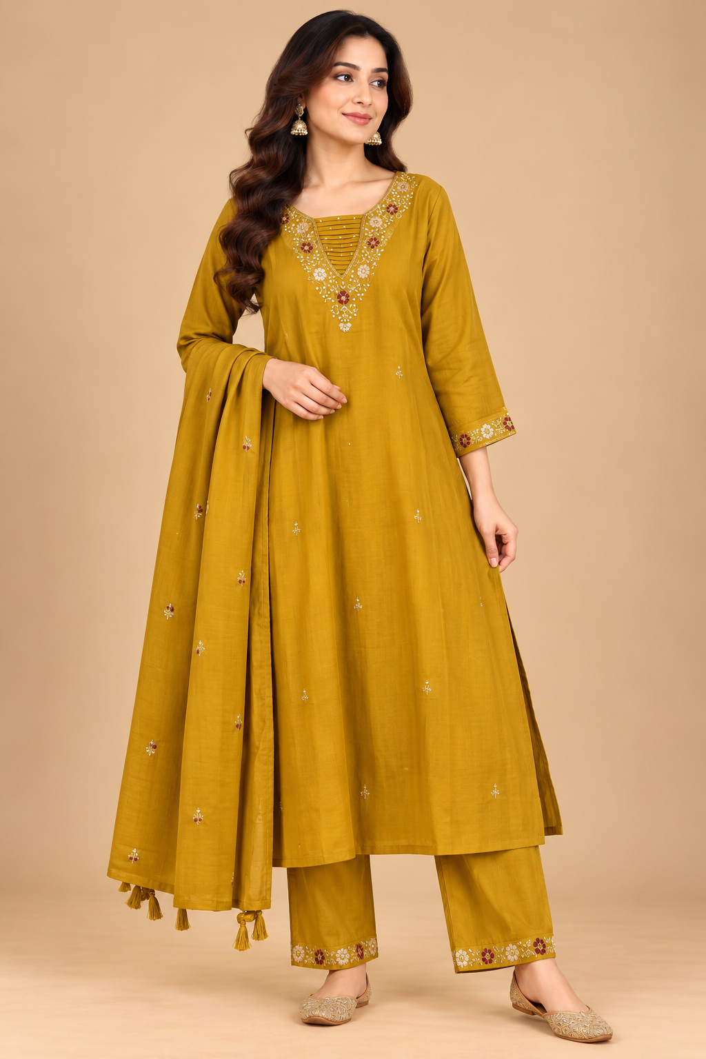 Mustard Yellow Embroidered A-Line Kurta Set with Palazzo Pants and Dupatta for Women