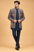 Men's Premium Navy Blue and Gold Brocade Indo-Western Sherwani Set for Weddings
