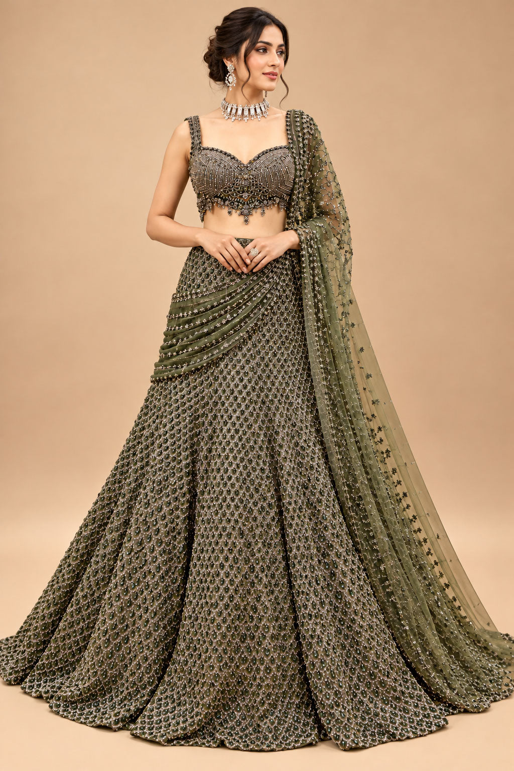 Premium Olive Green Embellished Lehenga with Intricate Sequin Work, Designer Blouse and Sheer Dupatta