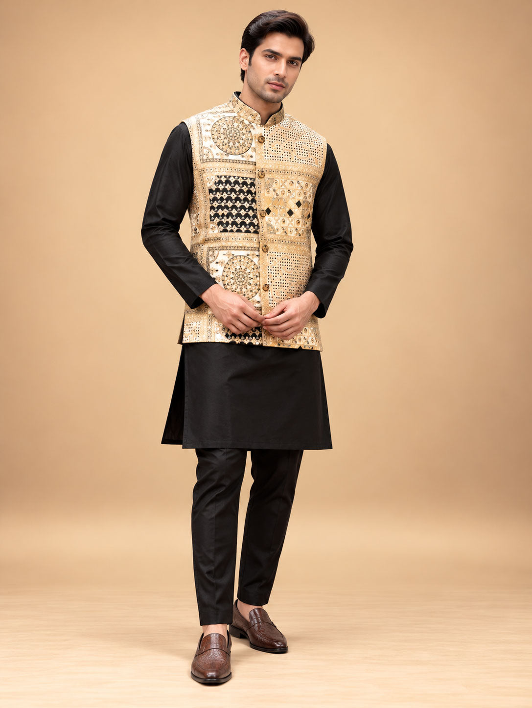 Men’s Black Kurta Pant Set with Golden Printed Nehru Jacket – product view 1