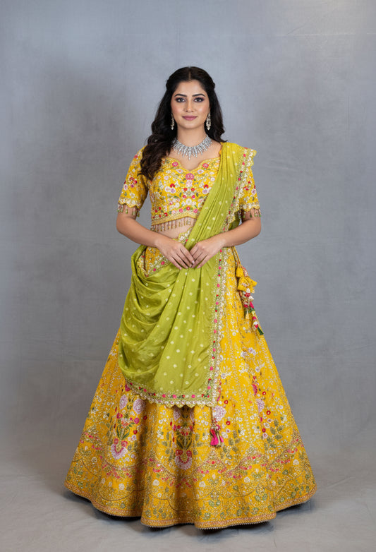 Elegant Yellow Floral Embroidered Lehenga Choli with Green Dupatta | Traditional Indian Ethnic Wear