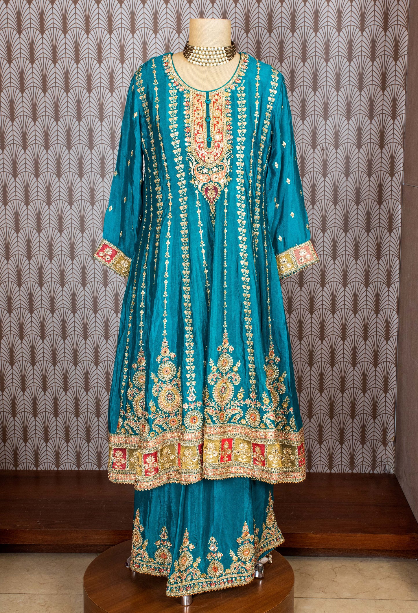 Teal Green Heavy Embroidered Sharara Suit Set with Dupatta – Bridal & Festive Indian Wear for Women