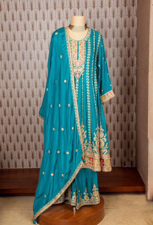 Teal green heavy embroidered sharara suit set with dupatta – product image 2