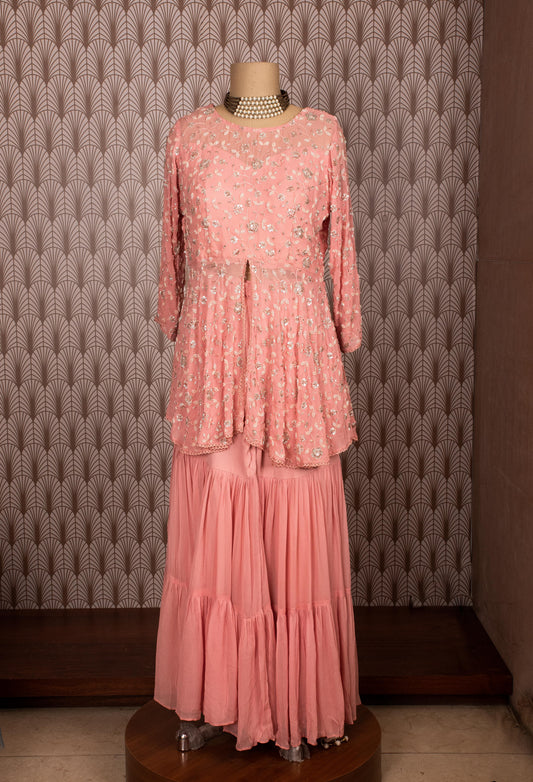 Pink embroidered long kurti with flared palazzo pants – product image 2