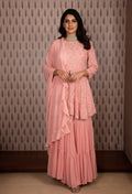 Elegant Pink Embroidered Long Kurti with Flared Palazzo Pants – Ethnic Women’s Wear
