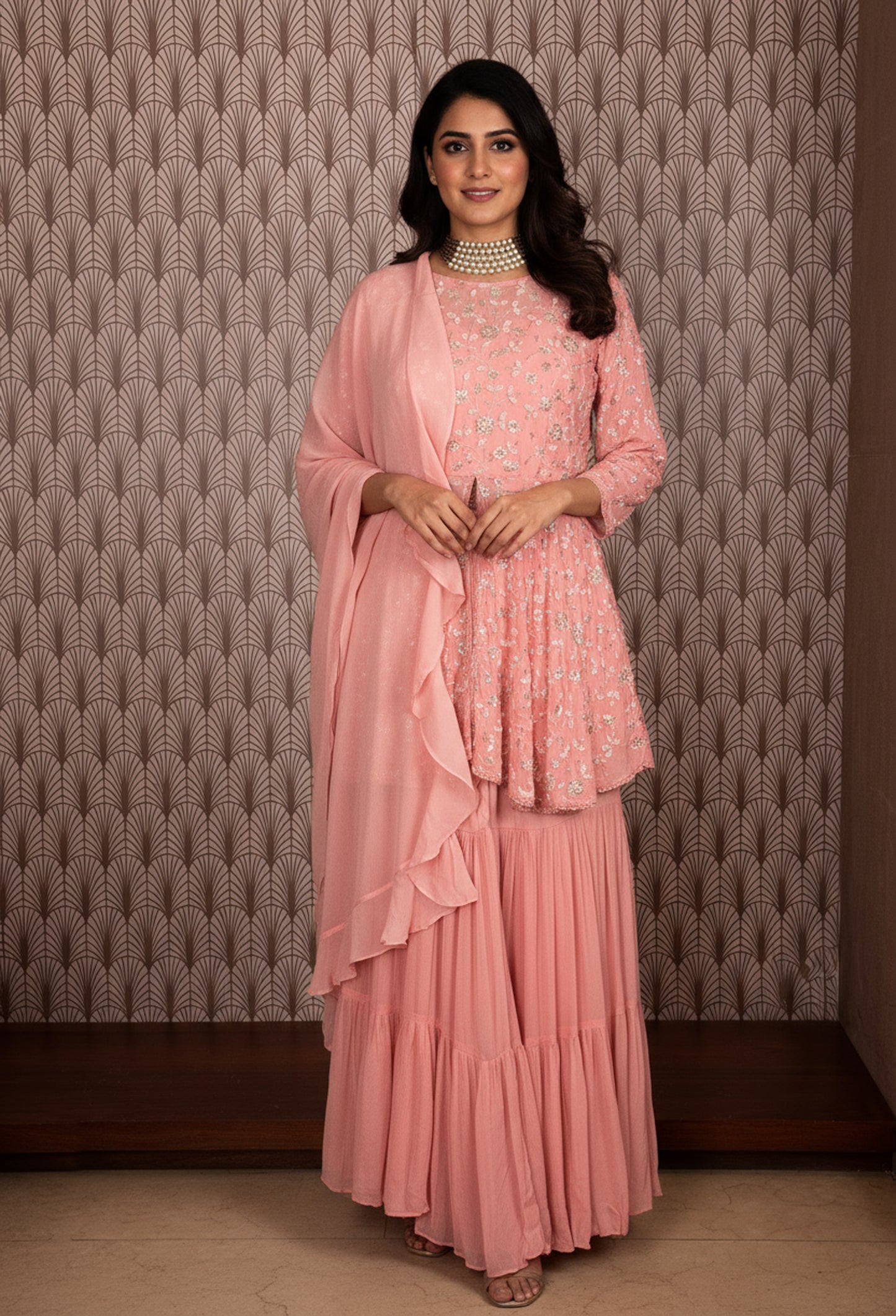 Elegant Pink Embroidered Long Kurti with Flared Palazzo Pants – Ethnic Women’s Wear