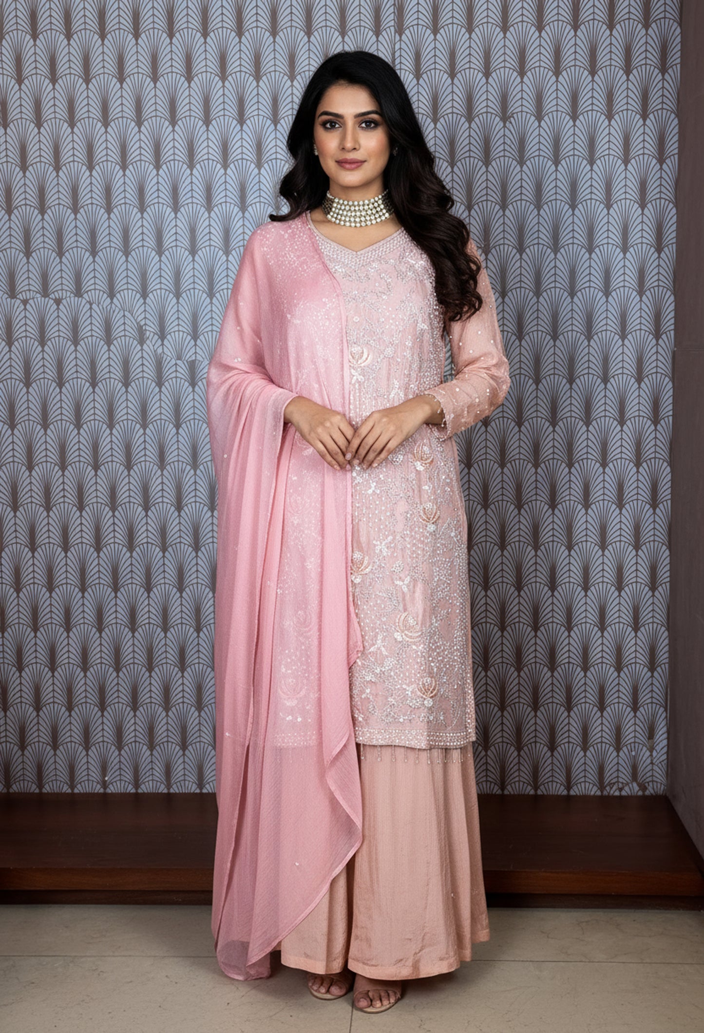Elegant Peach Embroidered Kurta with Palazzo Set | Traditional Ethnic Wear for Women