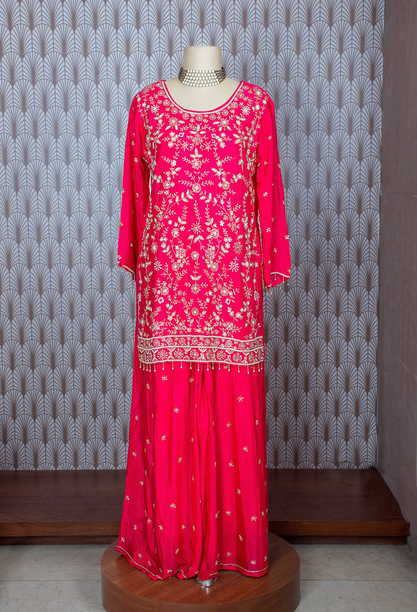 Fuchsia Pink Hand Embroidered Georgette Sharara Set for Women – Festive & Wedding Wea