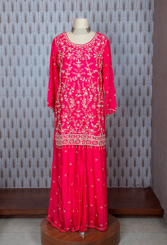 Fuchsia pink hand-embroidered georgette sharara set – product image 2