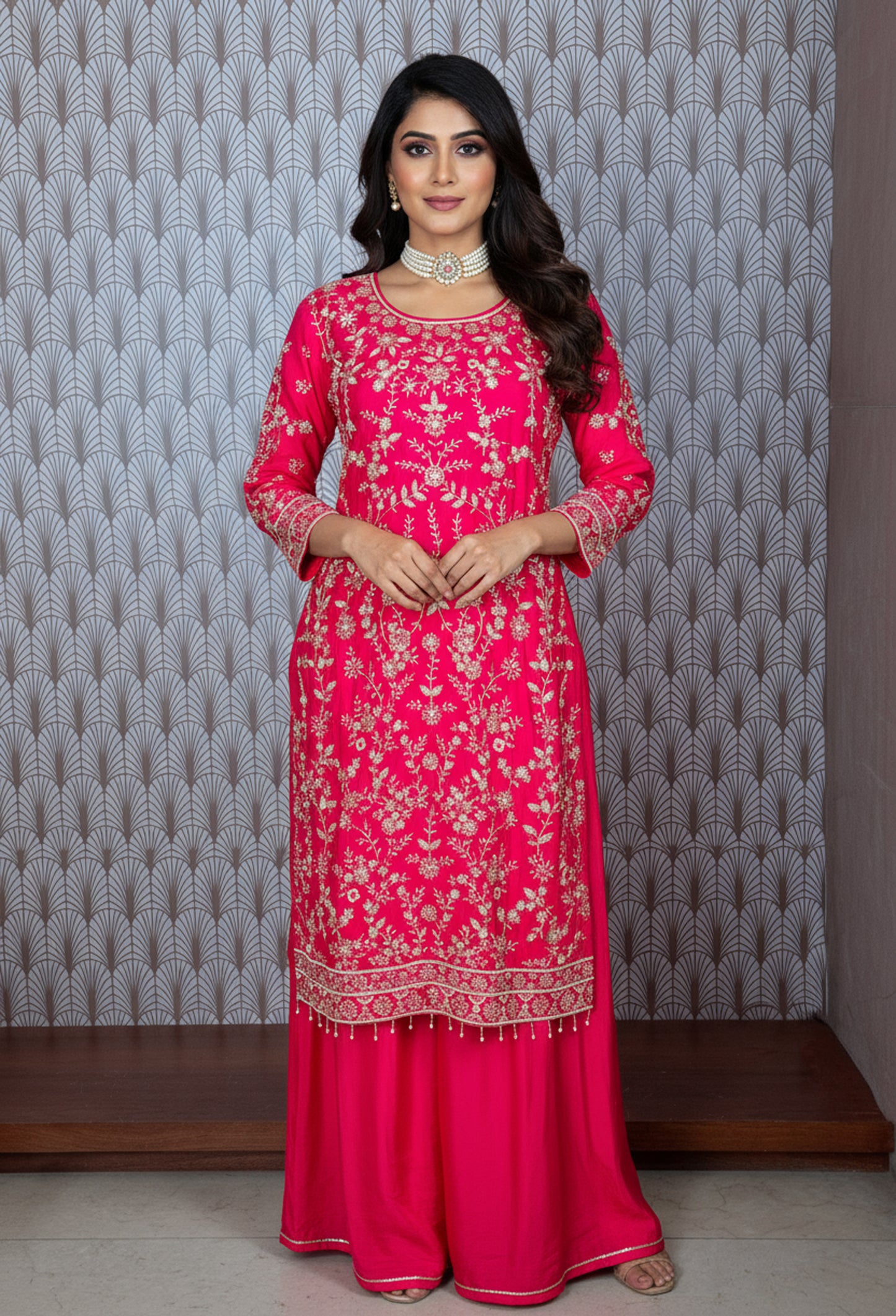 Fuchsia Pink Hand Embroidered Georgette Sharara Set for Women – Festive & Wedding Wea