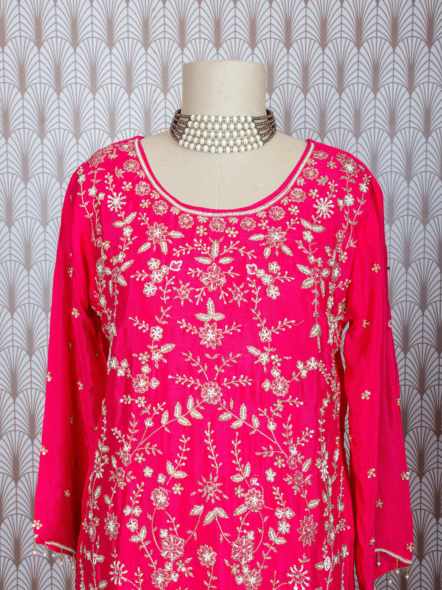 Fuchsia Pink Hand Embroidered Georgette Sharara Set for Women – Festive & Wedding Wea