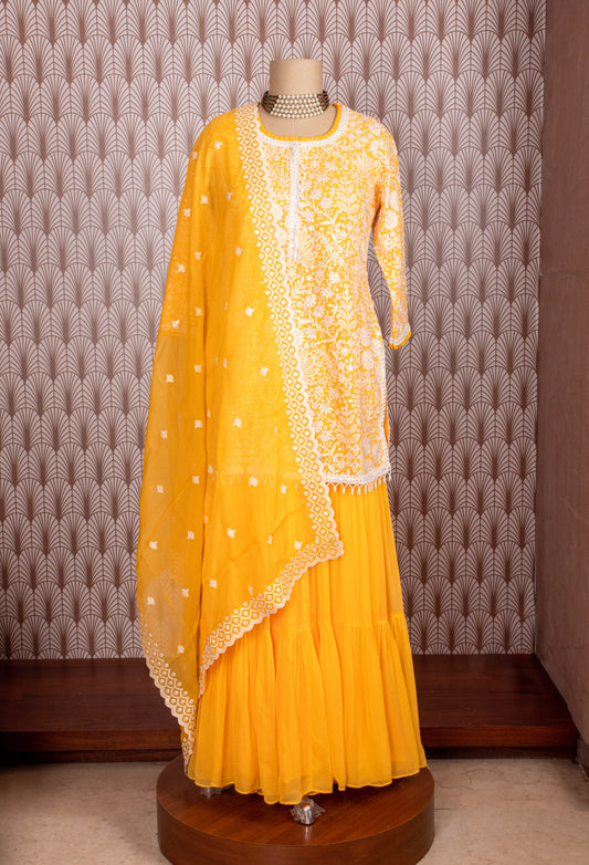 Yellow embroidered kurti with flared skirt – product image 2