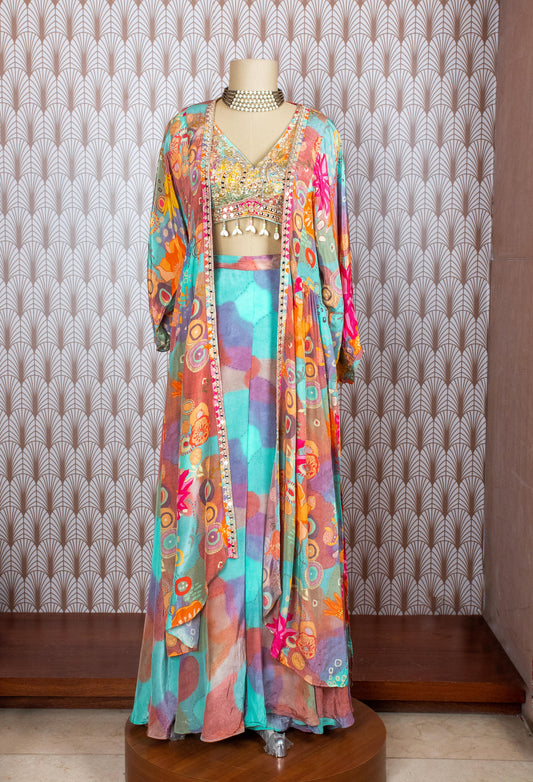 Multicolor abstract printed cape lehenga set for women – alternate view 2