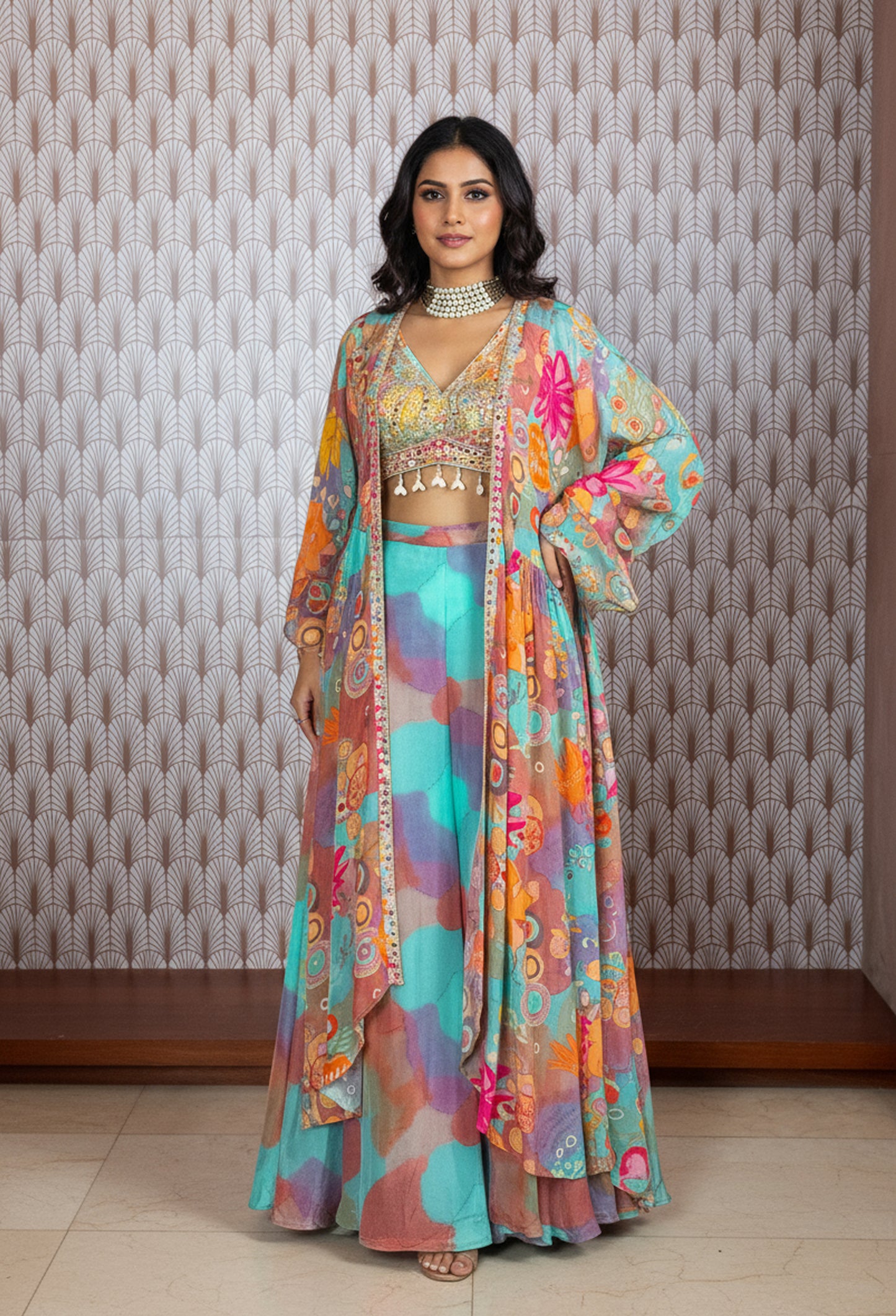 Multicolor Abstract Printed Cape Lehenga Set for Women – Boho Chic Festive Wear