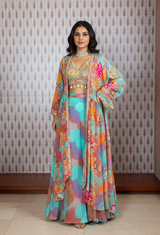Multicolor Abstract Printed Cape Lehenga Set for Women – Boho Chic Festive Wear
