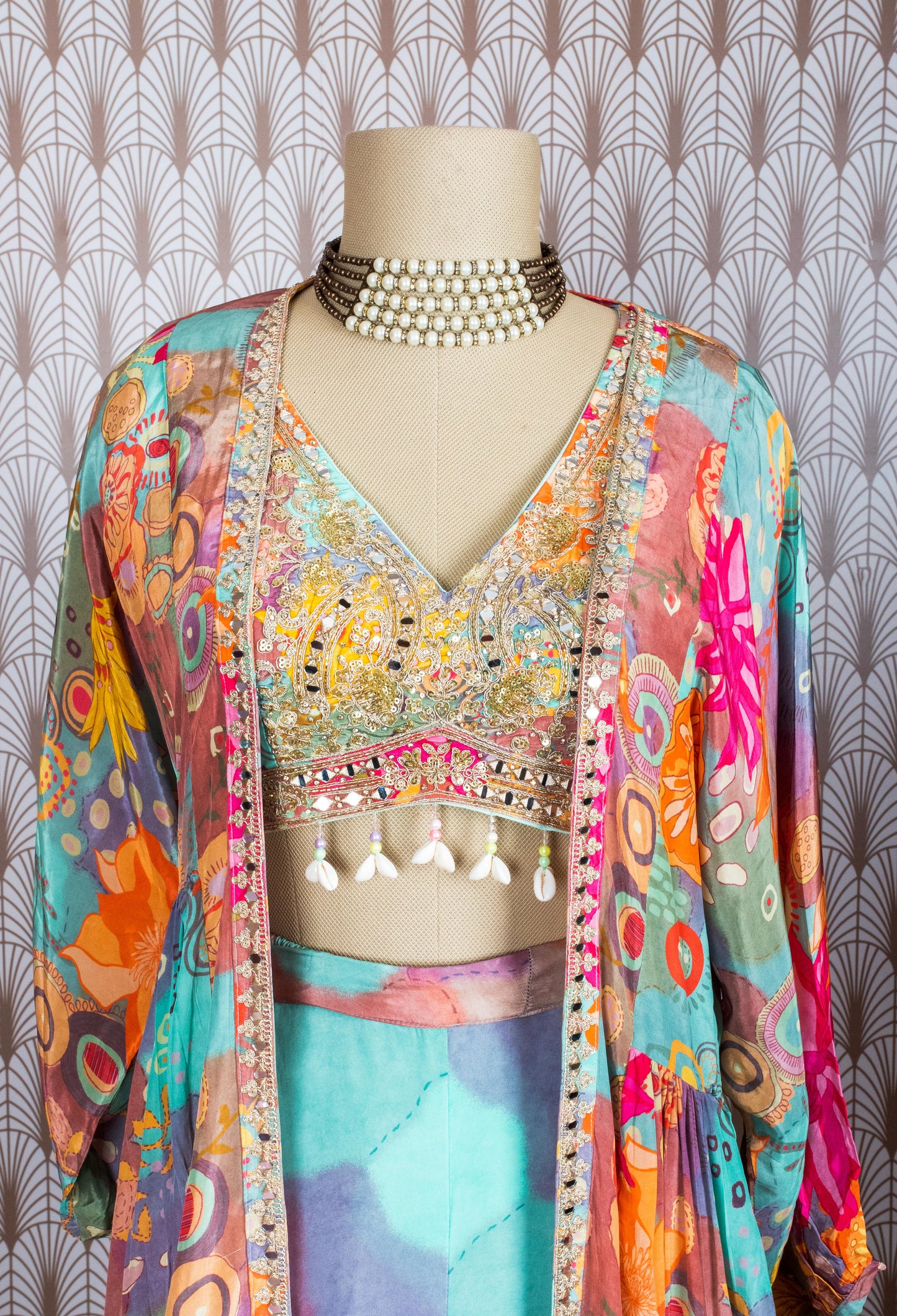 Multicolor Abstract Printed Cape Lehenga Set for Women – Boho Chic Festive Wear