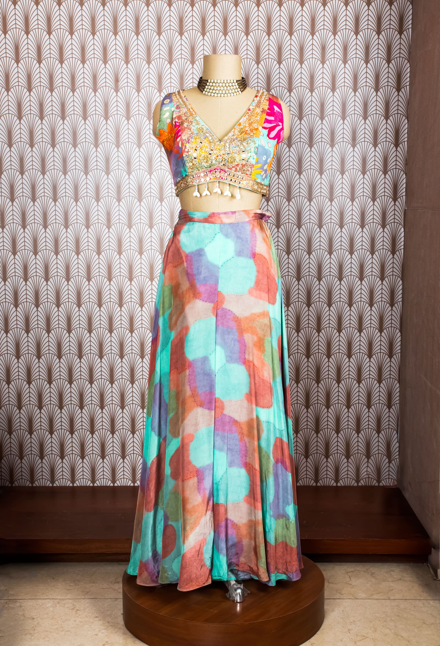Multicolor Abstract Printed Cape Lehenga Set for Women – Boho Chic Festive Wear