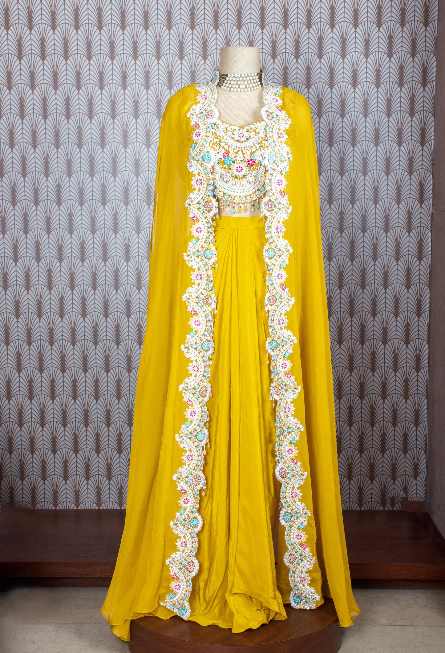 Mustard Yellow Embroidered Cape Lehenga Set for Women – Designer Festive Wear