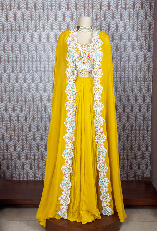 Mustard yellow embroidered cape lehenga set for women – product image 2