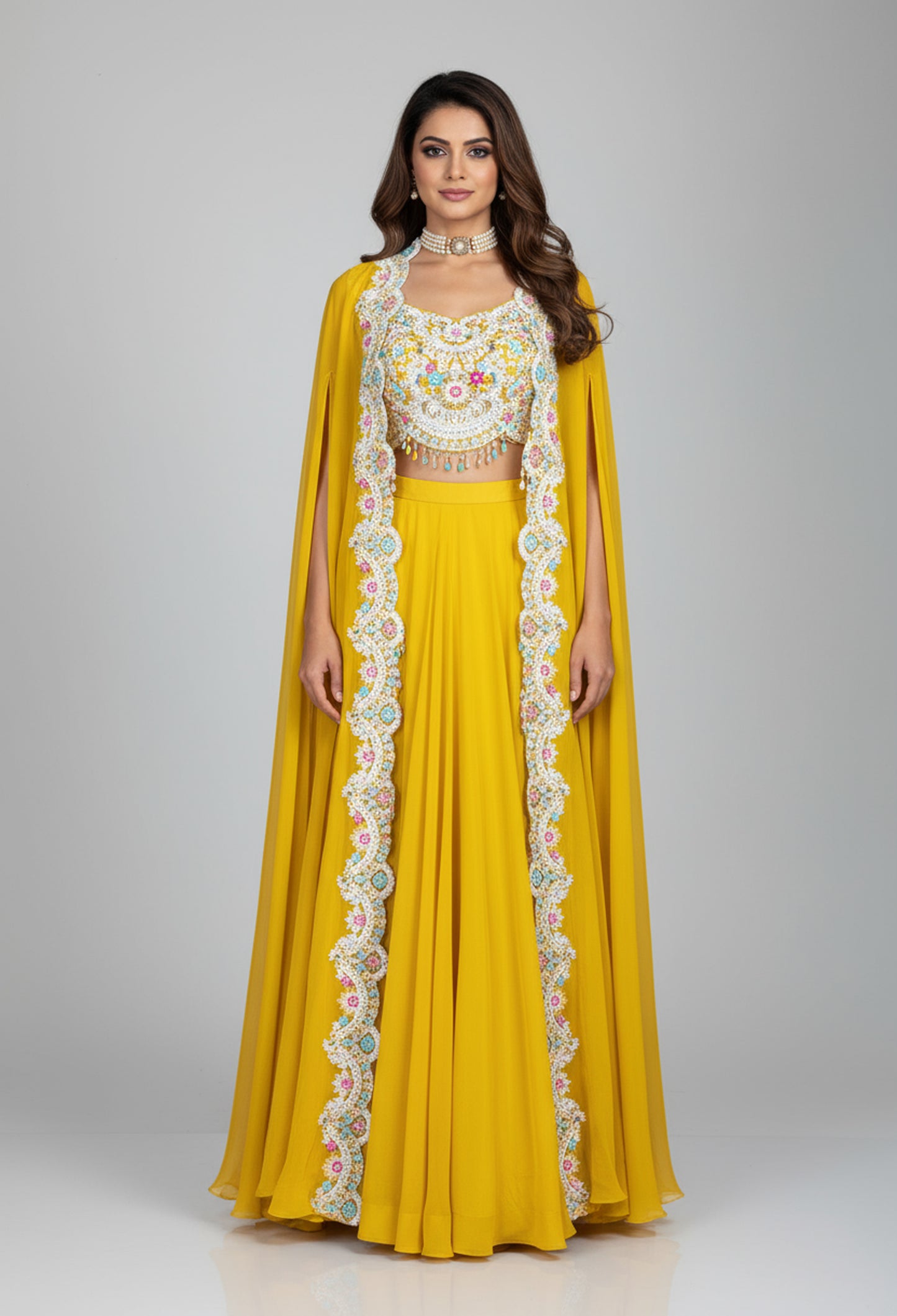 Mustard Yellow Embroidered Cape Lehenga Set for Women – Designer Festive Wear