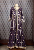 Purple Velvet Anarkali Gown with Golden Embroidery – Festive & Wedding Wear