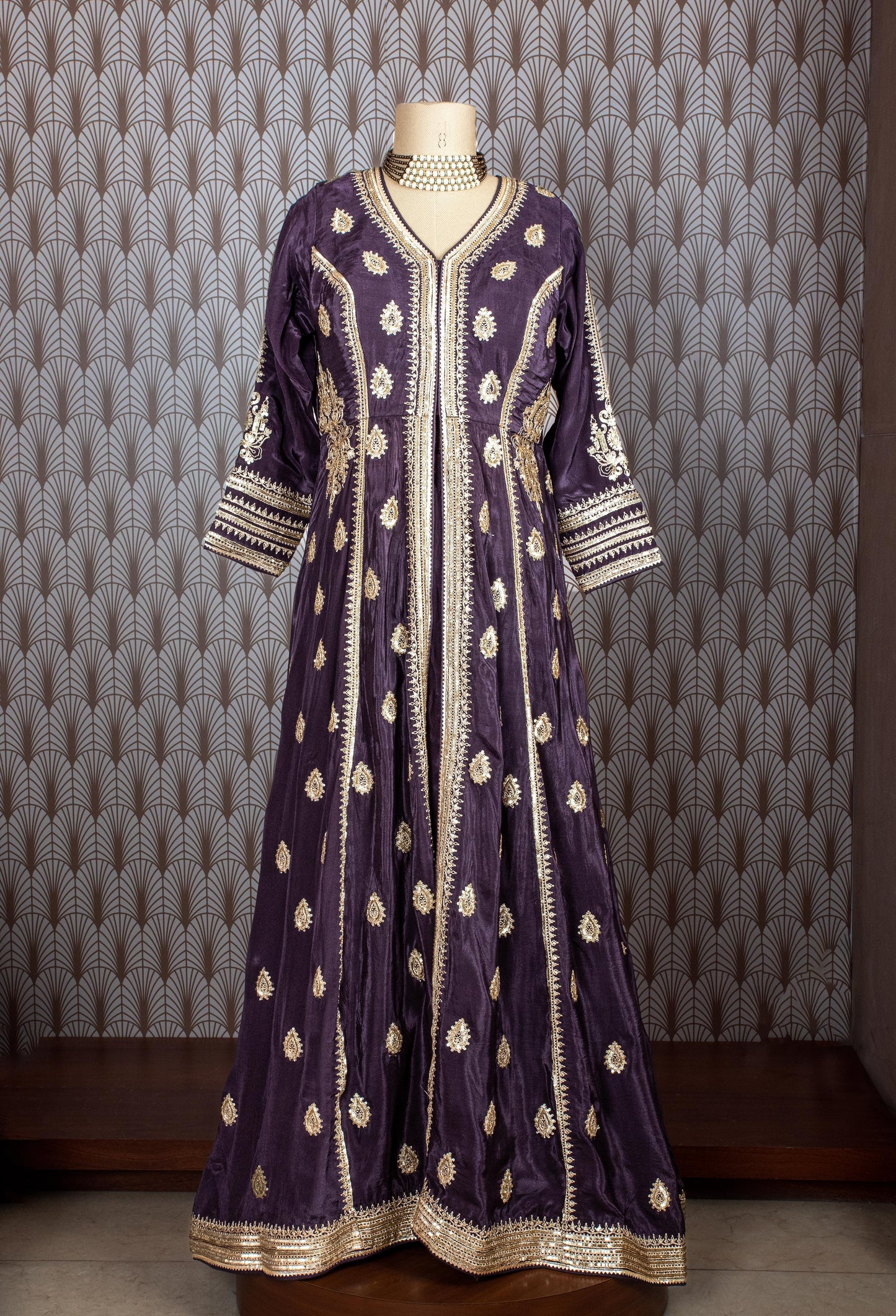 Purple Velvet Anarkali Gown with Golden Embroidery – Festive & Wedding Wear