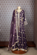 Purple Velvet Anarkali Gown with Golden Embroidery – Festive & Wedding Wear