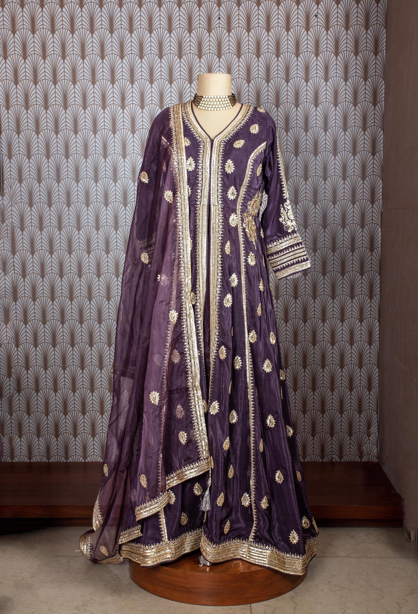 Purple Velvet Anarkali Gown with Golden Embroidery – Festive & Wedding Wear