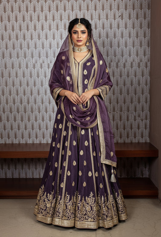 Purple Velvet Anarkali Gown with Golden Embroidery – Festive & Wedding Wear