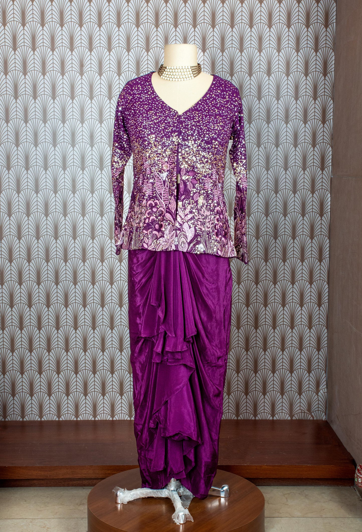 Purple Sequin Embroidered Designer Saree with Matching Blouse and Dupatta