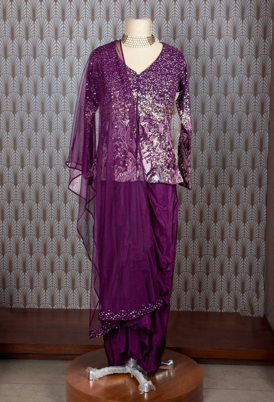 Purple Sequin Embroidered Designer Saree with Matching Blouse and Dupatta