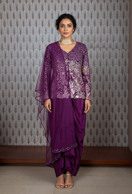 Purple Sequin Embroidered Designer Saree with Matching Blouse and Dupatta