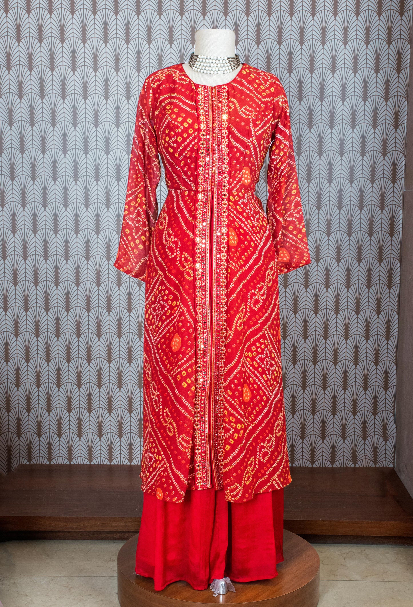 Red Bandhani Printed Straight Cut Suit Set with Palazzo & Dupatta – Traditional Festive Wear for Women