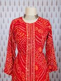 Red Bandhani Printed Straight Cut Suit Set with Palazzo & Dupatta – Traditional Festive Wear for Women