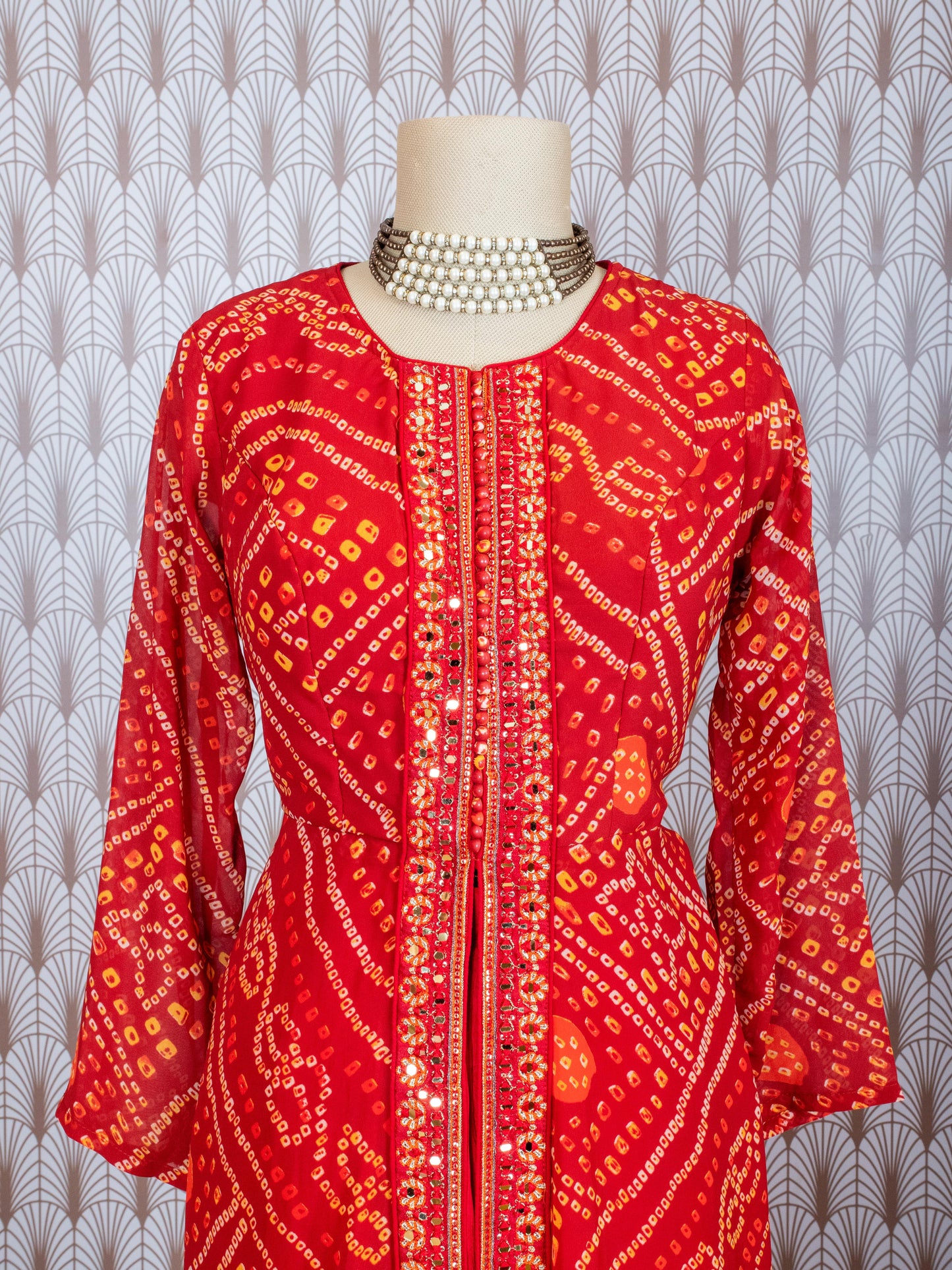 Red Bandhani Printed Straight Cut Suit Set with Palazzo & Dupatta – Traditional Festive Wear for Women