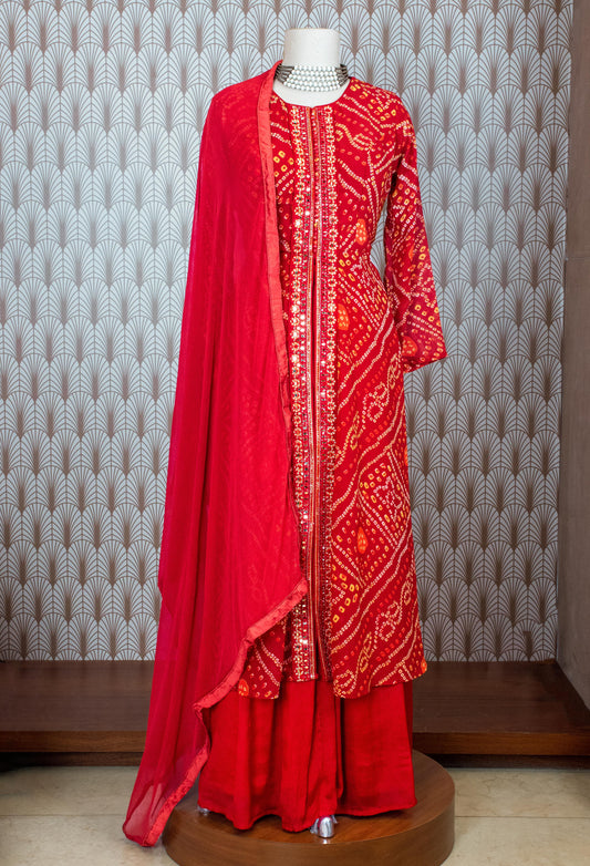 Red Bandhani Printed Straight Cut Suit Set with Palazzo & Dupatta – Traditional Festive Wear for Women