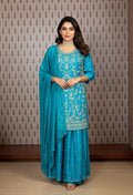 Teal Blue Hand Embroidered Sharara Suit Set with Pearl Detailing – Festive & Wedding Wear