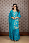 Teal Blue | Teal blue hand-embroidered sharara suit set with pearl detailing – product image 1 | 1