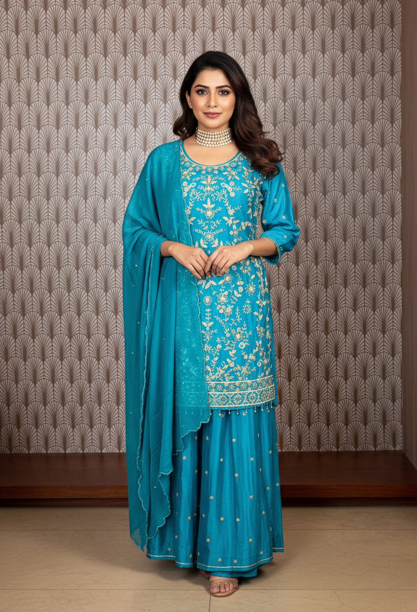Teal Blue | Teal blue hand-embroidered sharara suit set with pearl detailing – product image 1 | 1