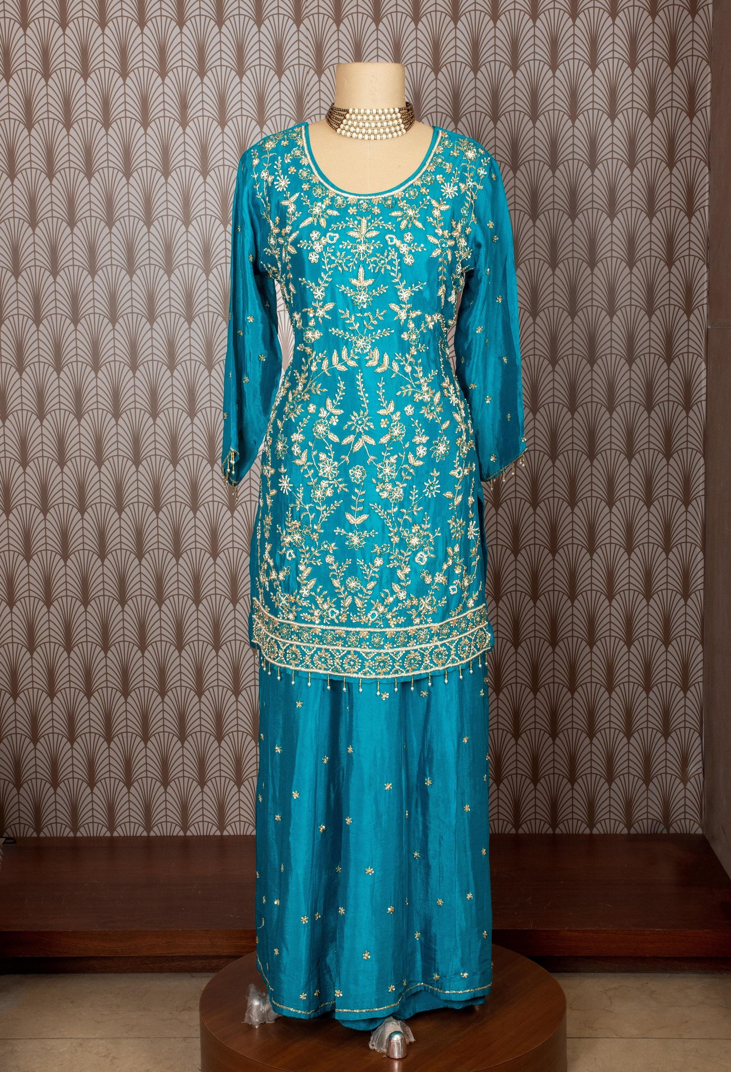 Teal Blue | Teal blue hand-embroidered sharara suit set with pearl detailing – product image 3 | 3