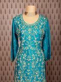 Teal Blue | Teal blue hand-embroidered sharara suit set with pearl detailing – product image 4 | 4