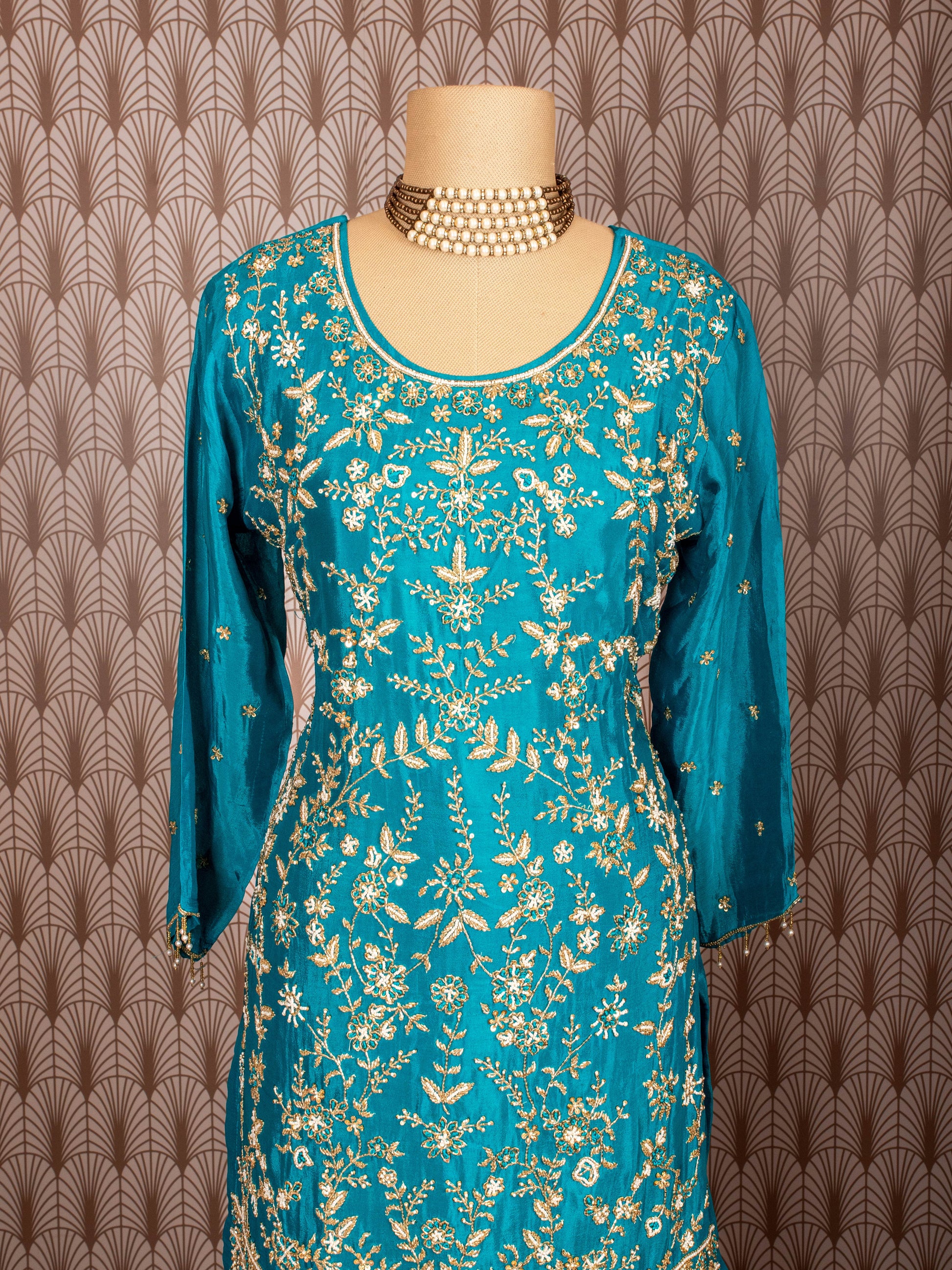 Teal Blue | Teal blue hand-embroidered sharara suit set with pearl detailing – product image 4 | 4