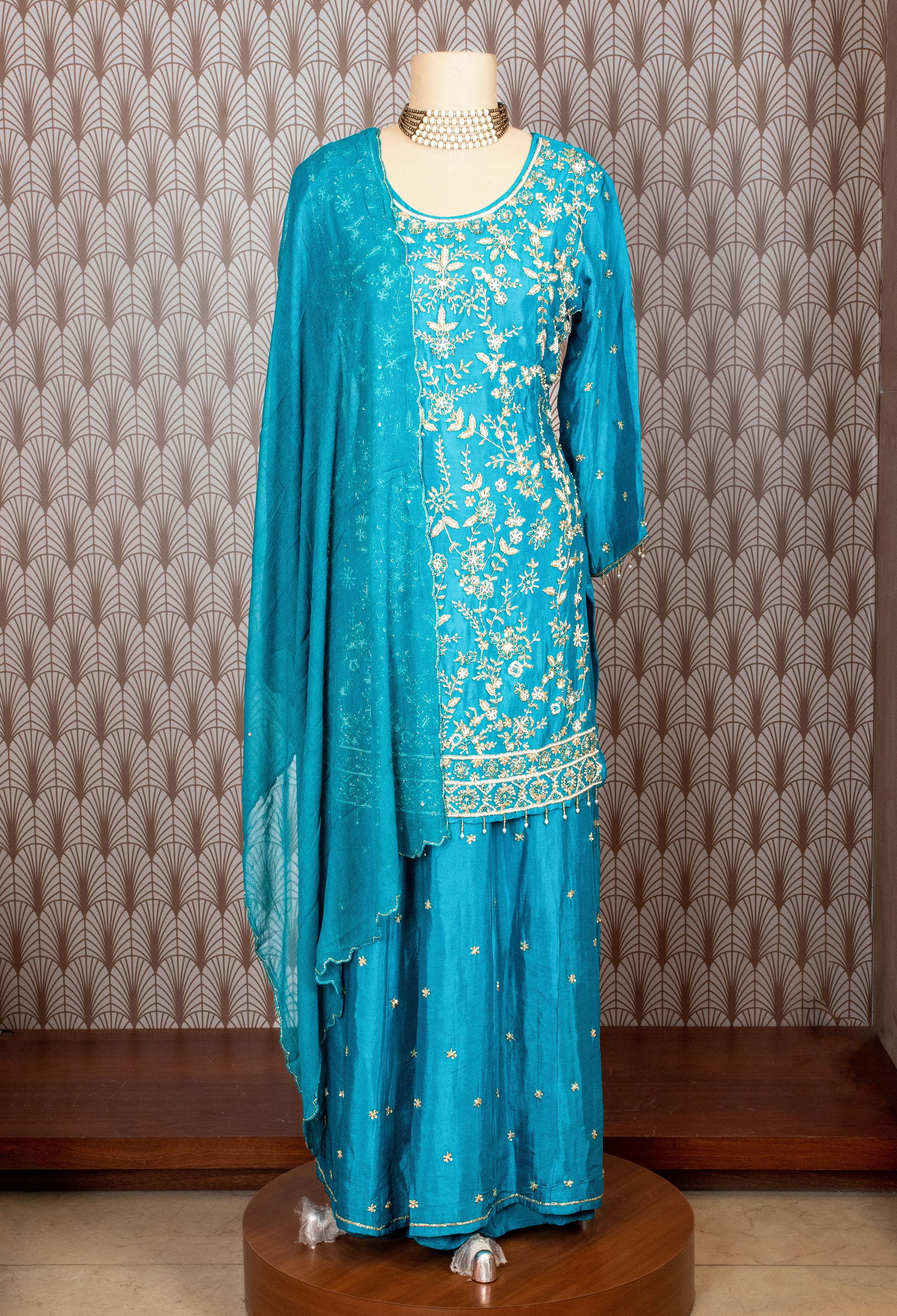 Teal Blue | Teal blue hand-embroidered sharara suit set with pearl detailing – product image 2 | 2